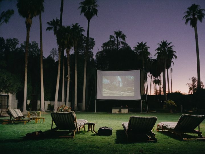 An outdoor screening on a lawn at twilight