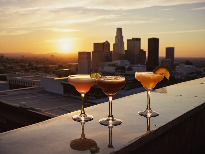 Cocktails on a rooftop ledge at sunset over downtown