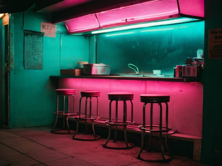 A taco counter under pink and teal neon